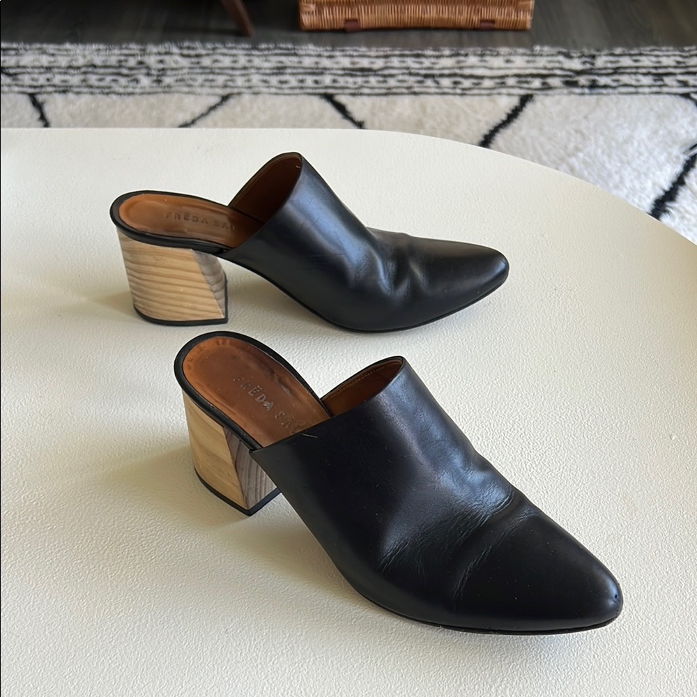 Freda Salvador Black and Tan Leather Mules